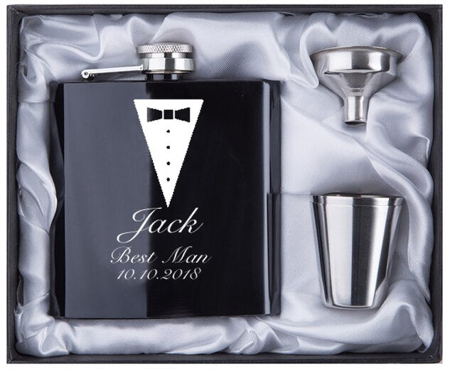 Coffret de flasques noires personnalisées | Cadeau pour garçon d'honneur