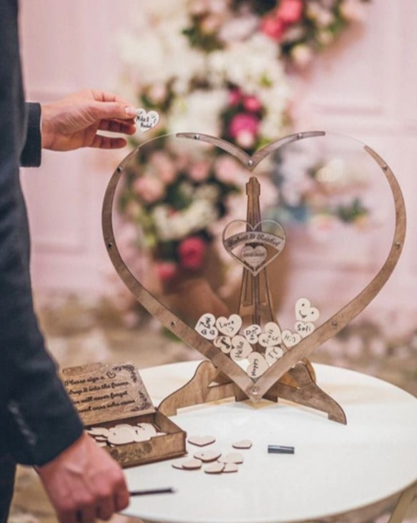 Livre d'or de mariage en forme de cœur en bois + 3 bonus GRATUITS