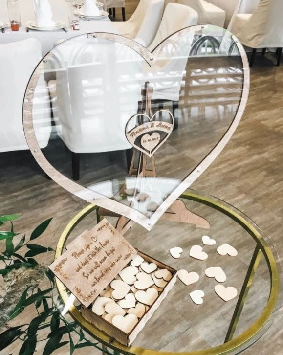 Livre d'or de mariage en forme de cœur en bois + 3 bonus GRATUITS