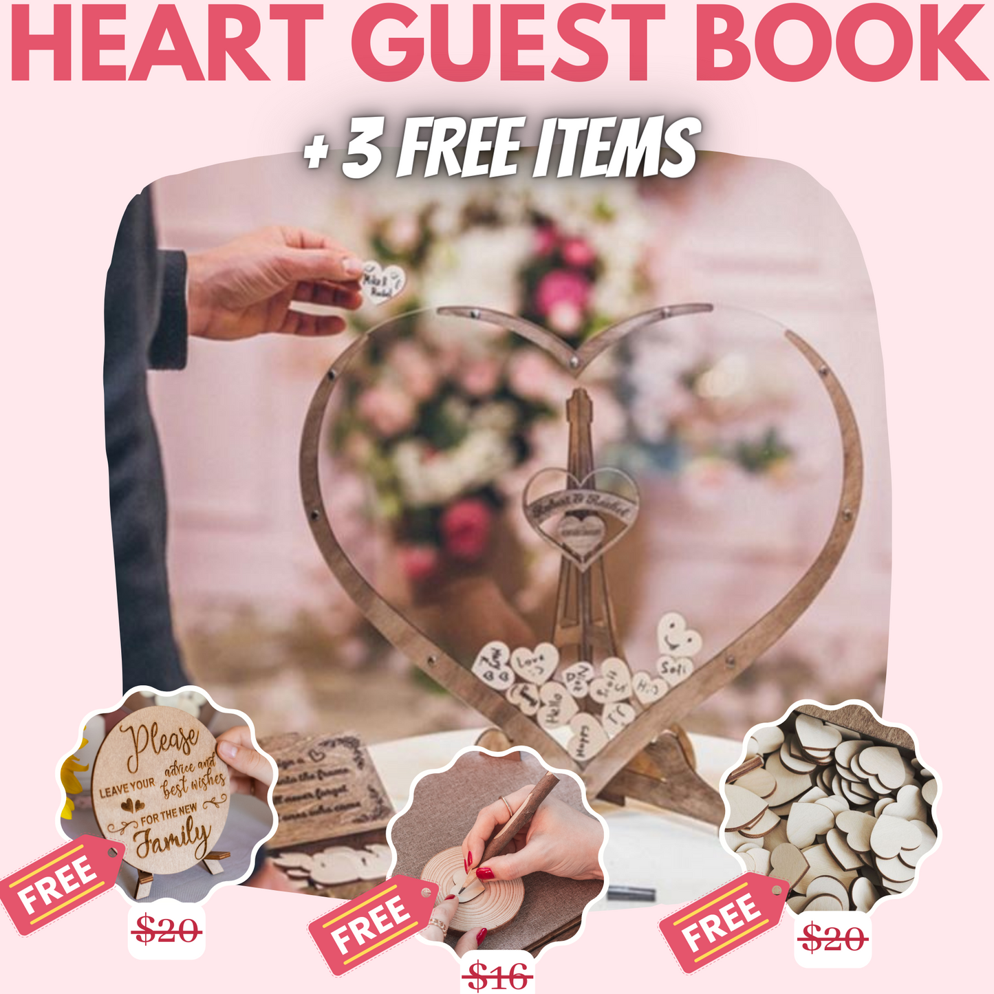 Livre d'or de mariage en forme de cœur en bois + 3 bonus GRATUITS