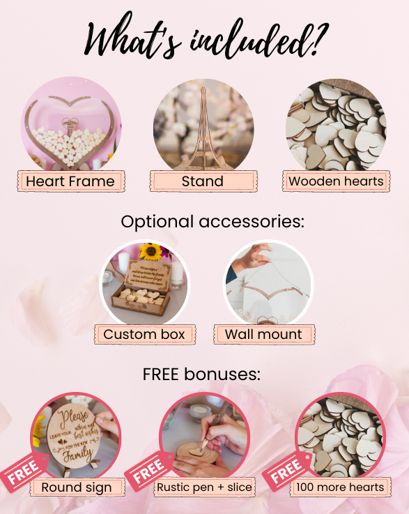 Livre d'or de mariage en forme de cœur en bois + 3 bonus GRATUITS
