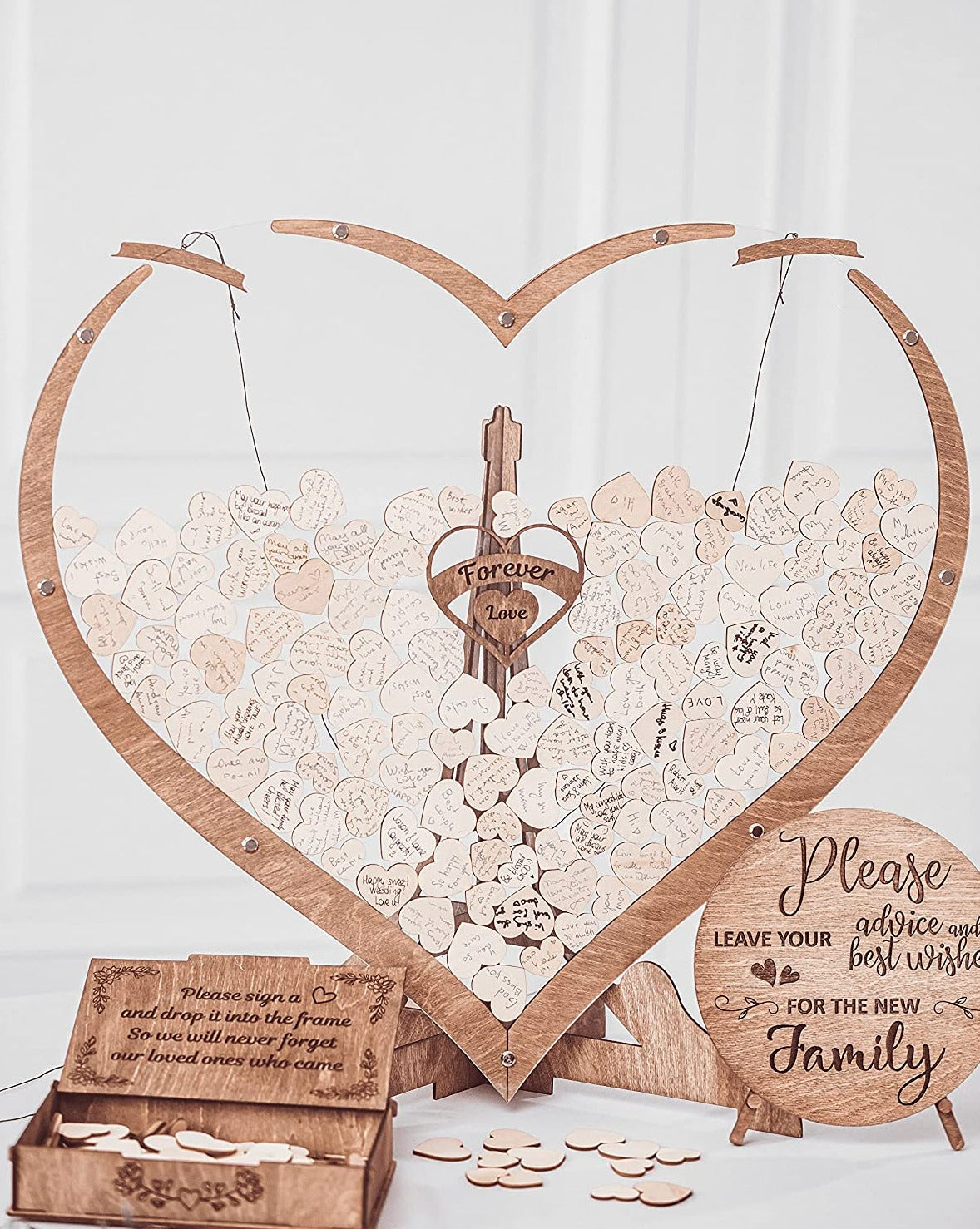 Livre d'or de mariage en forme de cœur en bois + 3 bonus GRATUITS