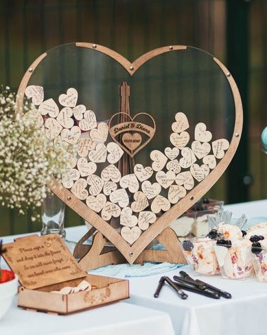 Livre d'or de mariage en forme de cœur en bois + 3 bonus GRATUITS