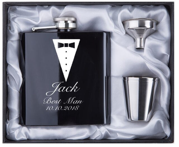 Coffret de flasques noires personnalisées | Cadeau pour garçon d'honneur