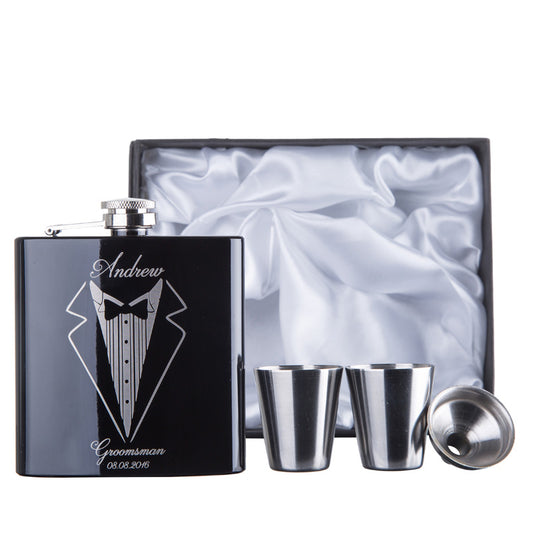 Coffret de flasques noires personnalisées | Cadeau pour garçon d'honneur