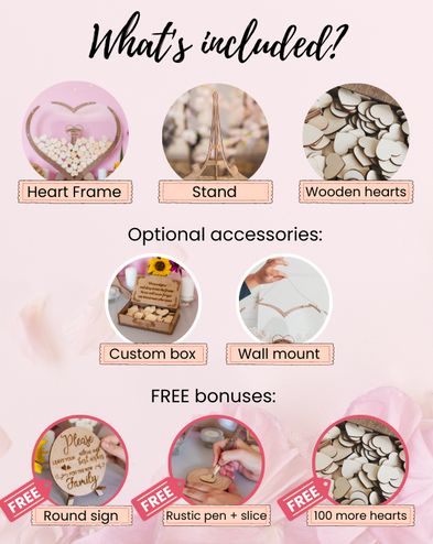 Livre d'or de mariage en forme de cœur en bois + 3 bonus GRATUITS