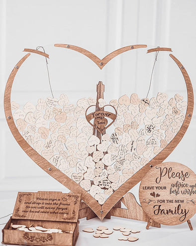 Livre d'or de mariage en forme de cœur en bois + 3 bonus GRATUITS